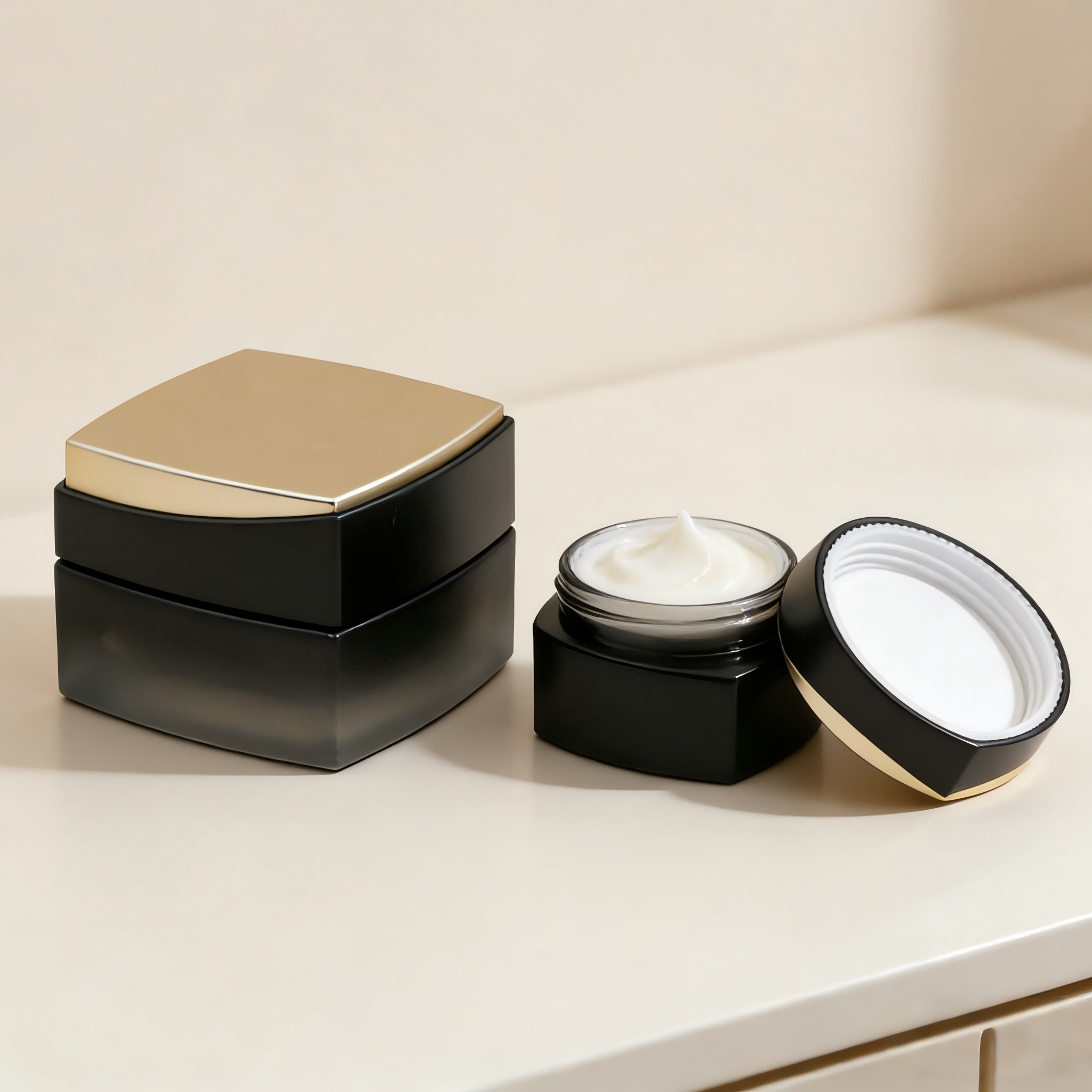 Square frosted black plastic cream jar with gold lid, luxury empty skincare face cream cosmetic packaging jar
